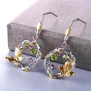 NEW 18k Yellow Gold Sterling Silver Amethyst Peridot Butterfly Wreath Dr…